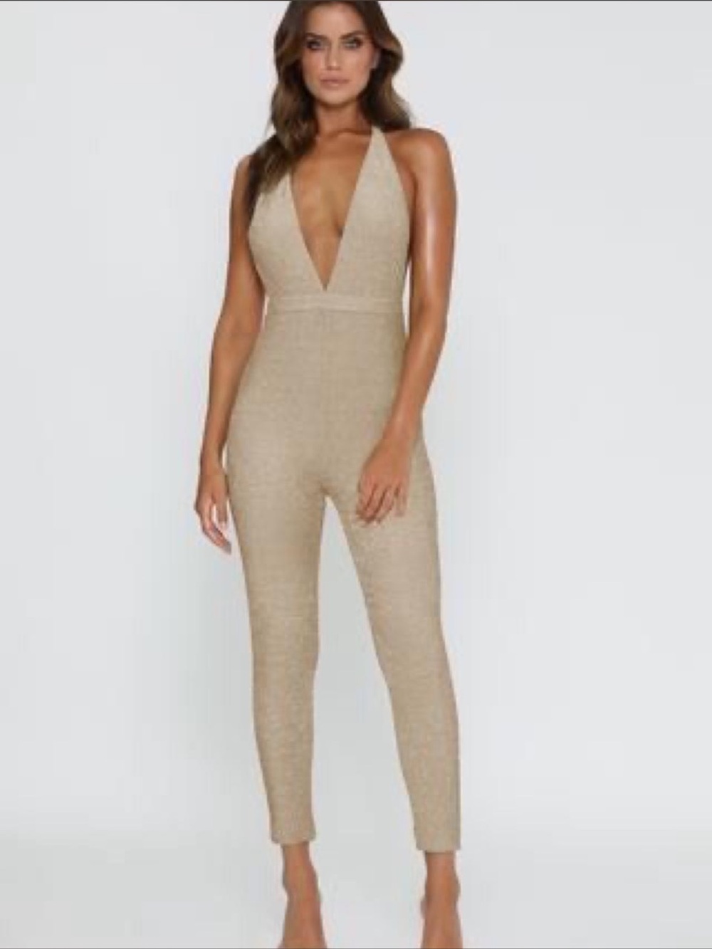 Meshki Mikayla Shimmer Deep V Halter Jumpsuit